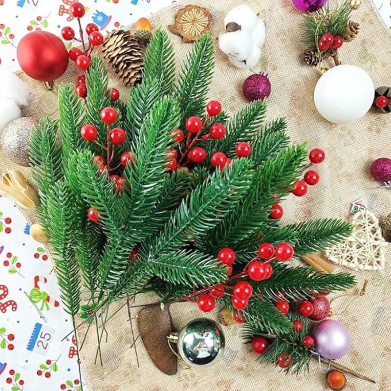 20Pcs Artificial Pine Needles Berry Bouquet Christmas Decoration Christmas Tree Ornament For Home Decor New Year 2026 Accessory