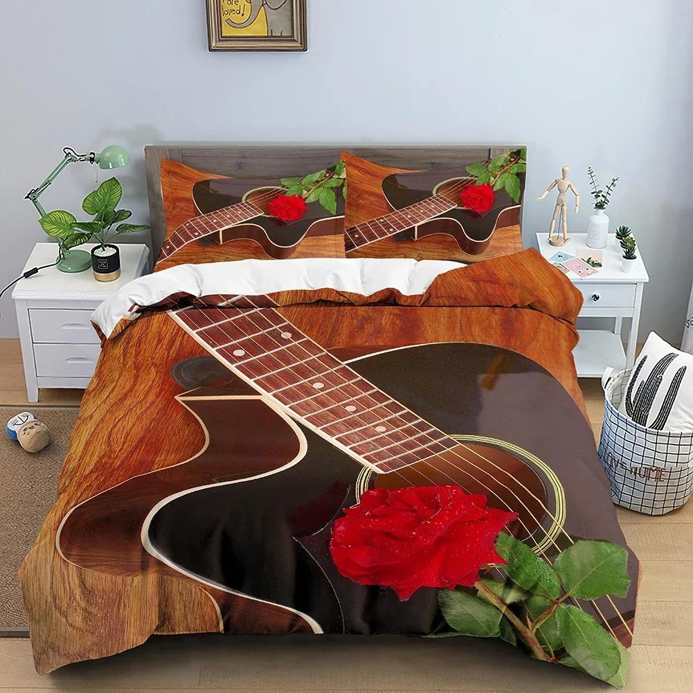 Muzyczny Zestaw Pościeli Różowy Nadruk Skrzypiec Zestaw Poszwy na Kołdrę Twin King Queen Poszwy na Kołdrę z Poszewką na Poduszkę Pokrowiec na Kołdrę Tekstylia Domowe