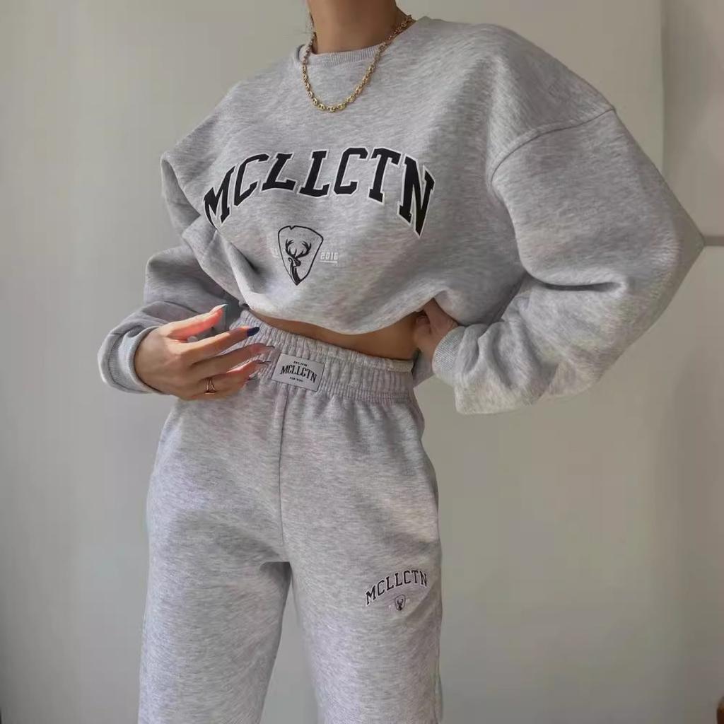 Women's Loose Fit Two-piece Matching Set Long Sleeve Sweatshirt Drawstring Waist Sweatpants Letter Print Casual Tracksuit