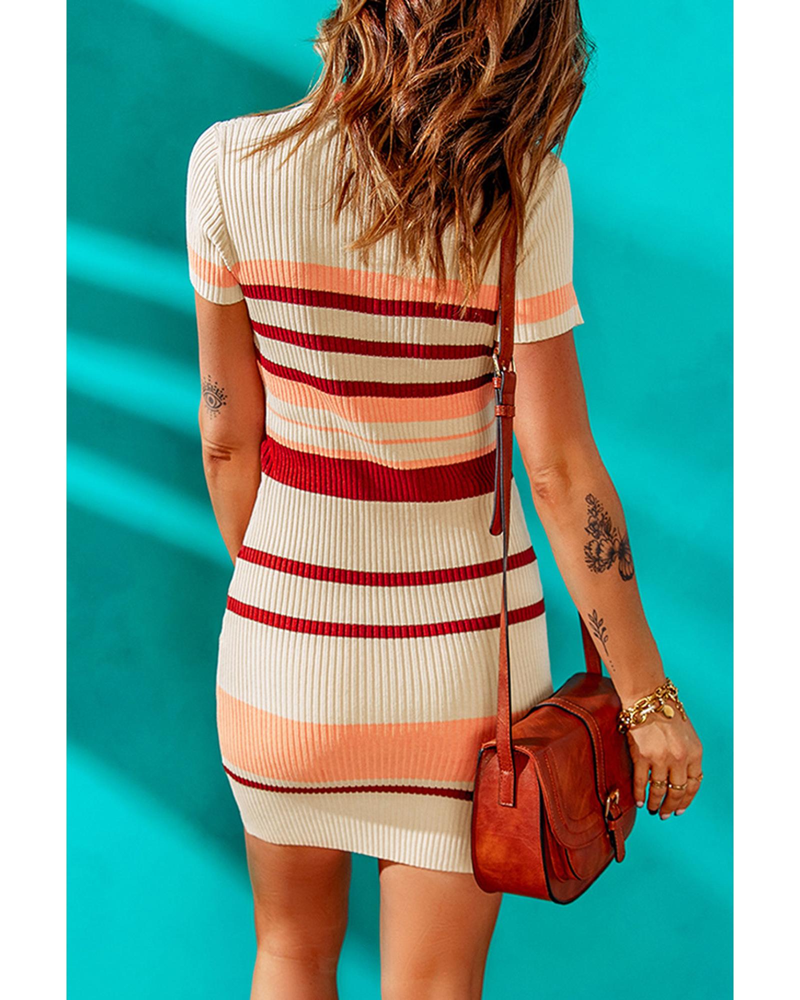

Azura Exchange V Neck Striped Ribbed Knit Mini Dress L абрикосовий