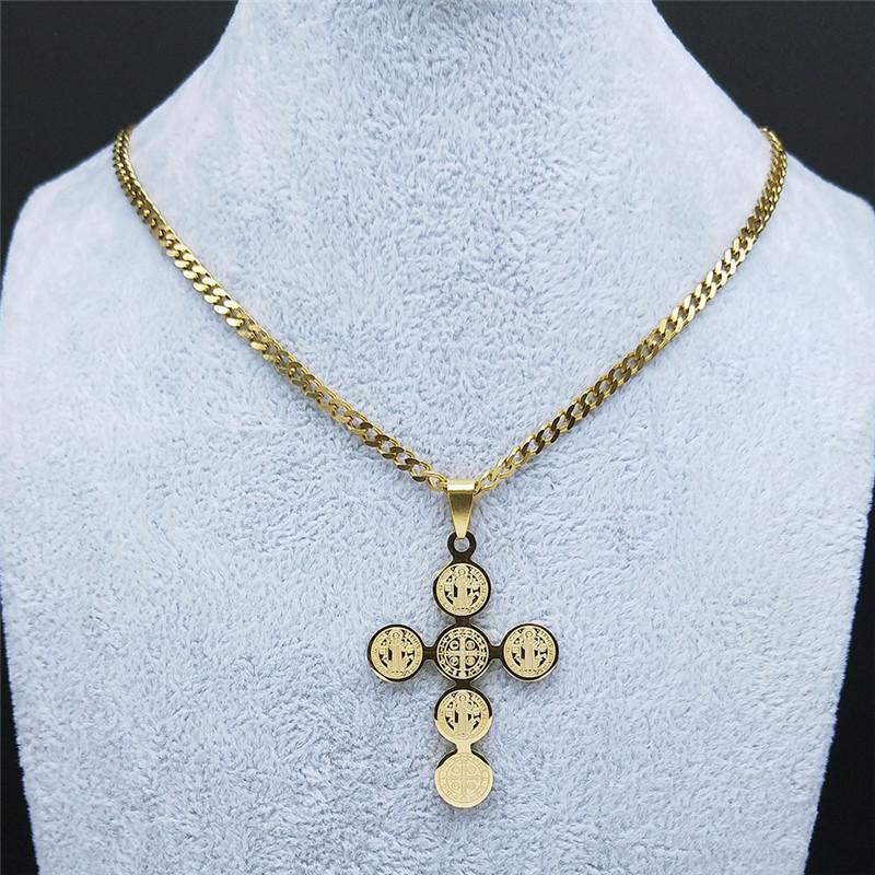 Fashion Stainless Steel Cross Necklace for Women Men Saint Benedict Gold Color Necklaces Jewelry Gifts Collar Cruz N3450S05