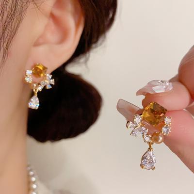 Square Zircon Butterfly Pearl Pendant Earrings Light Luxury Simple Temperament Earrings Fashion Versatile Niche Earrings