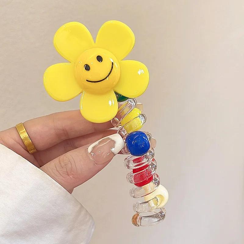 1PC New Lovely Beaded Big Flowers Elastic Spiral Hair Rope Head Rope Ponytail Hair Ring Rubber Band Headdress For Kids