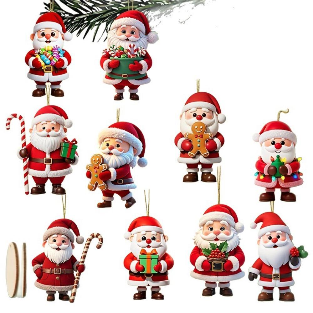

10 Pieces Set 2D Design Christmas Hanging Ornaments Wooden Candy Cane Design Holiday Pendant Decoration Santa Claus Ornaments