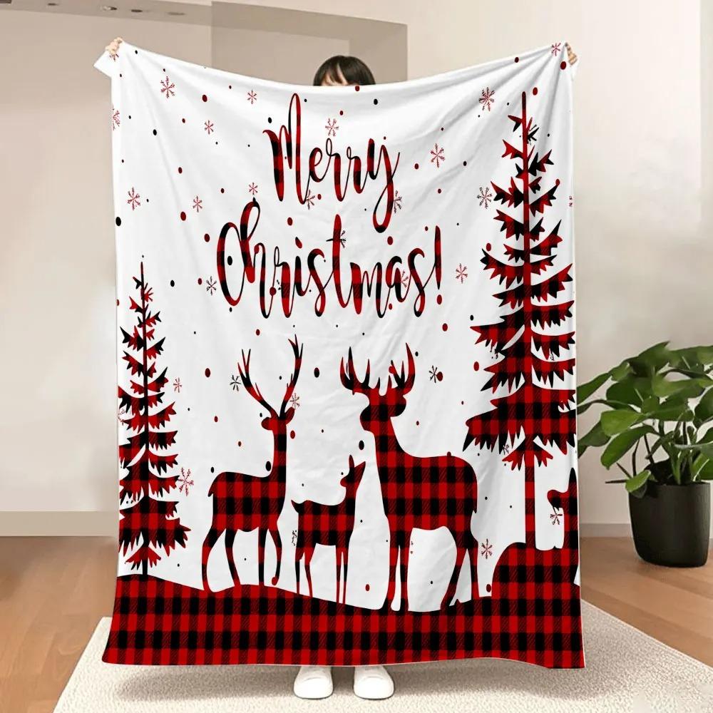 

Christmas Buffalo - Check Blanket - Merry Christmas! with red & black snowflakes, deer silhouettes, and festive trees, cozy wint 70x100cm білий