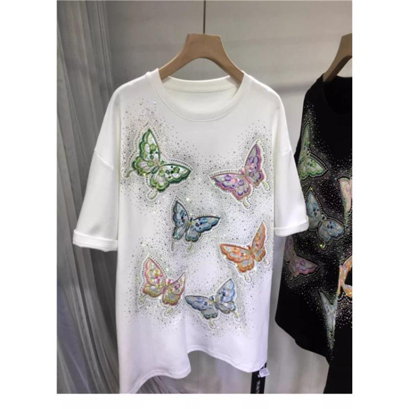 

Plus Size Heavy Duty Embroidered Butterfly Round Neck Slimming Short Sleeve T-Shirt 3XL білий