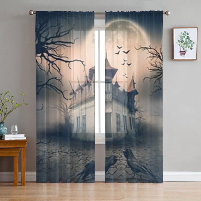 Gothic Vintage House Sheer Voile Curtains for Living Room Bedroom Kitchen Horror Theme Mysterious Landscape Tulle Window Curtain
