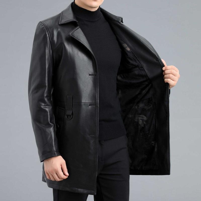 Autumn and Winter Leather Mid-length Suit Collar Sheepskin Coat Sheepskin Men's Leather Windbreaker Plus Velvet Jacket