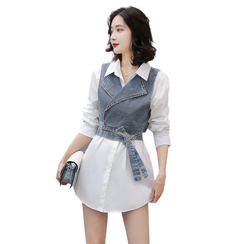Elegant 2025 Spring/Summer Two-Piece Set: Solid Shirt + Denim Vest
