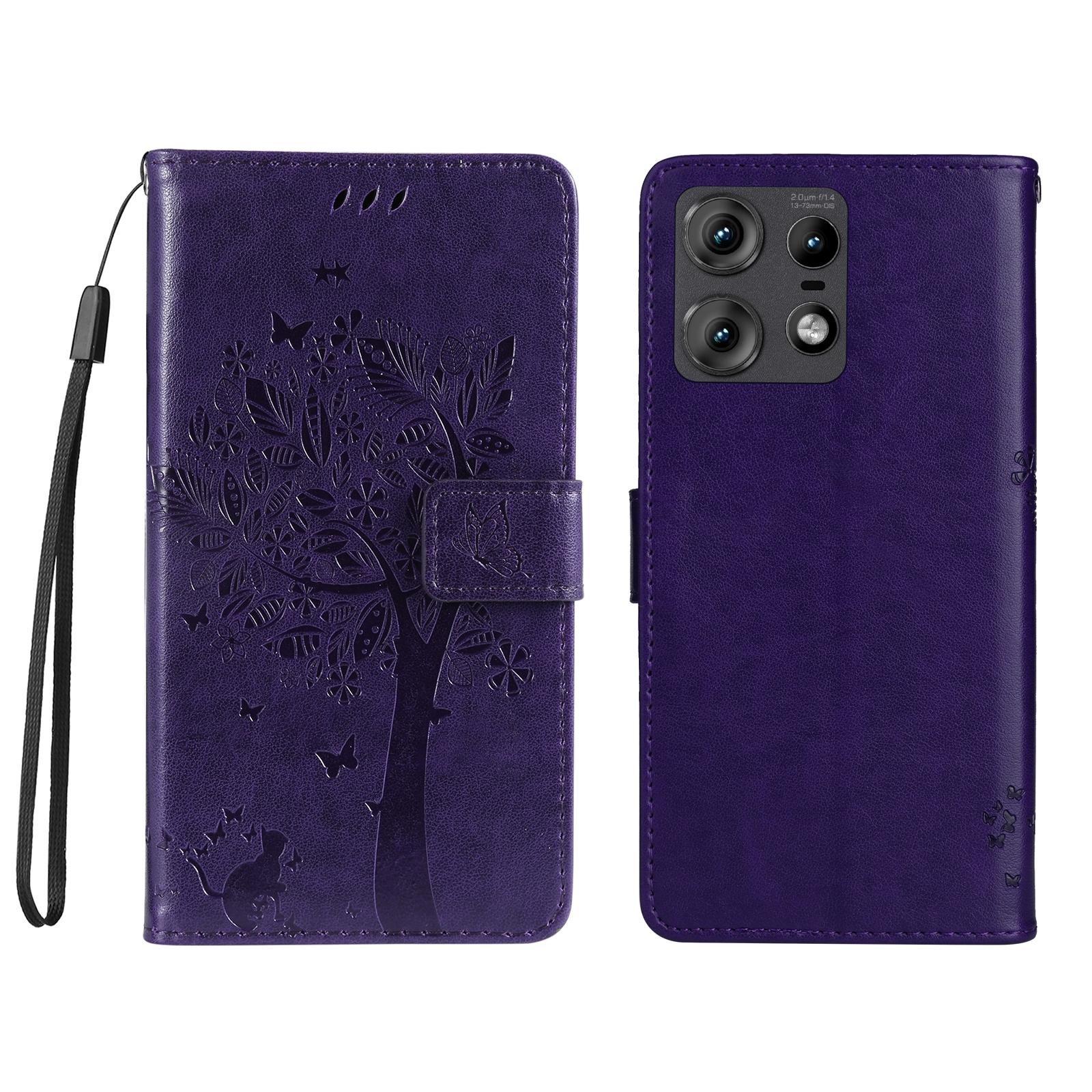 

For Motorola Edge 50 Pro 5G Phone Case with Stand Cat Tree Pattern Leather Wallet Mobile Cover Purple