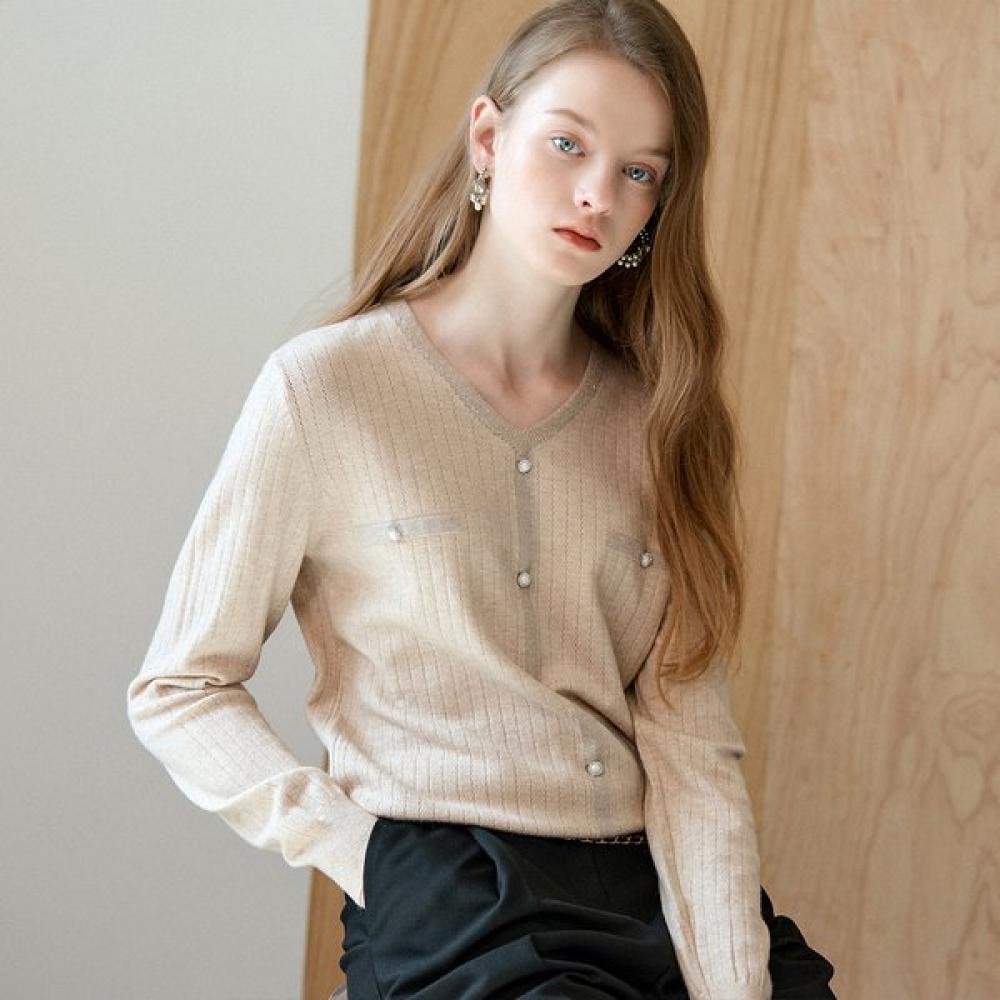 Pearl Button V Neckline Color Matching Ribbed Knit Zb10qk032on painted/FREE