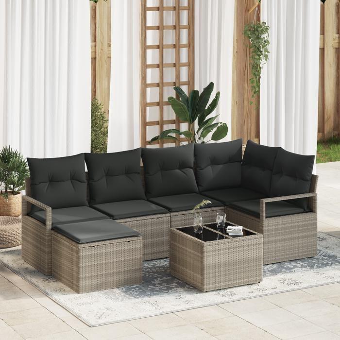 Ensemble de Canapés de Jardin de 7 Pièces avec Coussins Gris en Rattan Poly, Canapé de Jardin de 2 Places avec Rangement &amp; 3355131