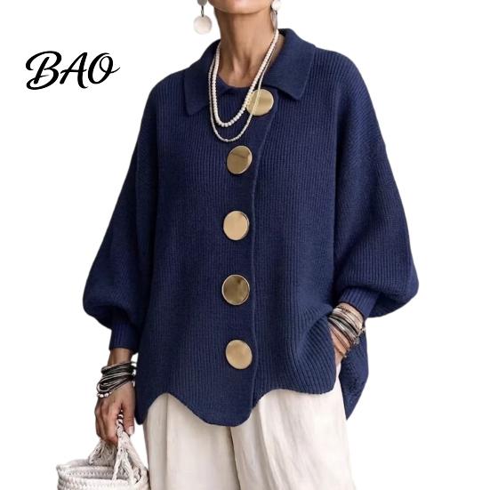 Frühling Herbst Pullover Damen Oversized Strick Cardigan Pullover, Hemdkragen Oberteil mit Großen Metall Freizeitknöpfen, Lockere Fledermausärmel für Weiche Hautfreundlichkeit