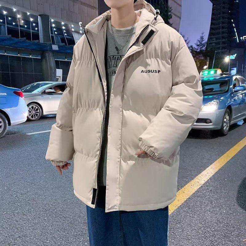 Hong Kong Style Men’s Thick Winter Stand Collar Jacket – Loose Fit, Solid Color, Printed Trendy Design