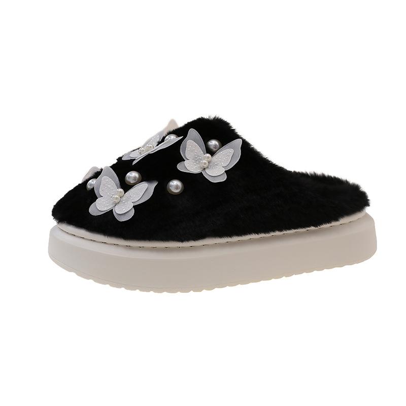 Fashion Cute Butterfly Decor Fluffy Slippers for Women Winter Thickened Warm Plush House Shoes Woman Thick Sole Pearl Indoor Slippers