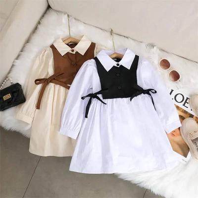 Mädchen Frühling und Herbst Langärmeliges Farbblock-Kleid Kinder Freizeit Revers Knopfkleider