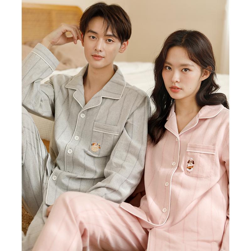 New Couple Pajamas Made of Pure Cotton, Brushed Velvet, High-end Embroidered Home Clothes, All Cotton Long Sleeved Set