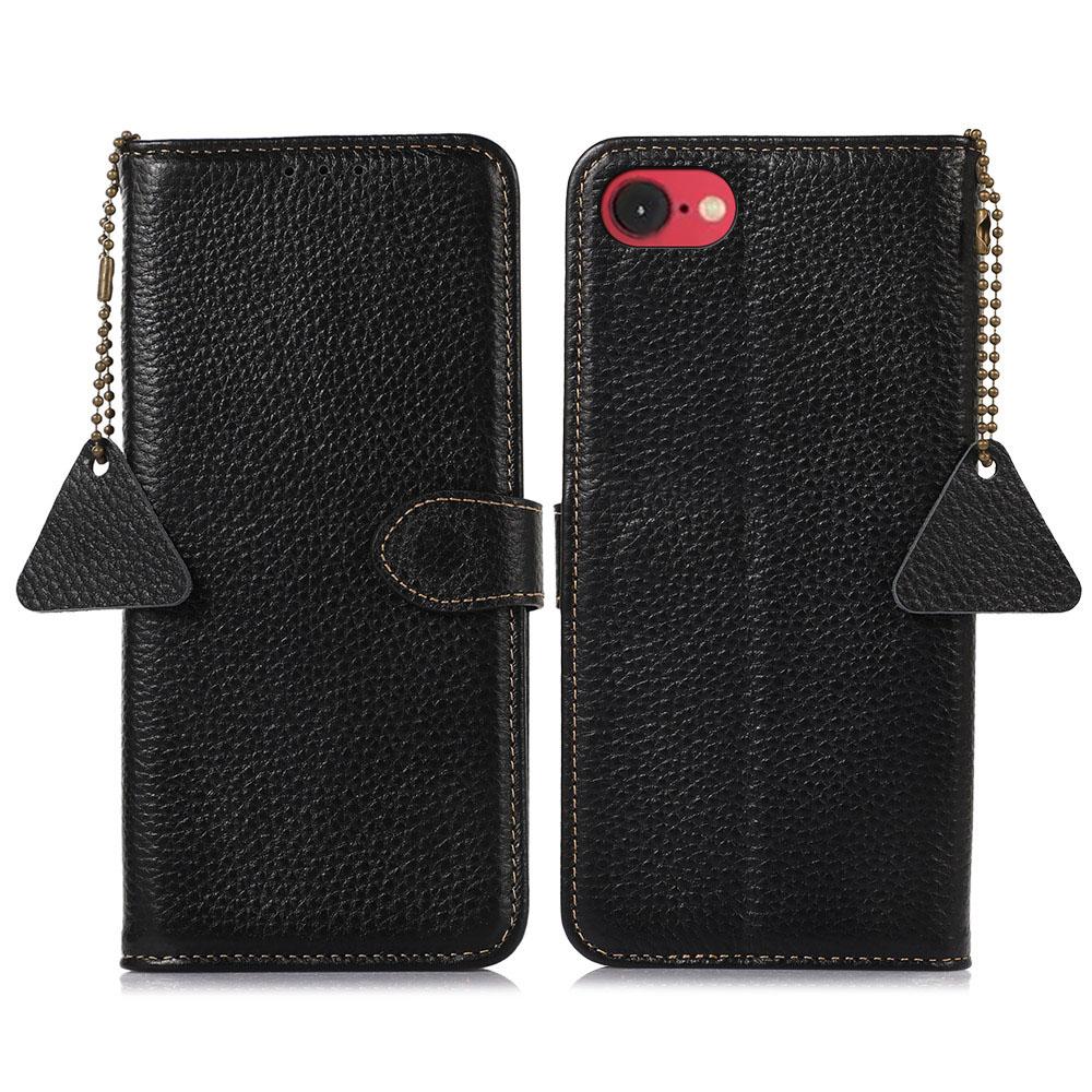 

For iPhone 16e Case RFID Blocking Litchi Texture Genuine Cow Leather Phone Cover D