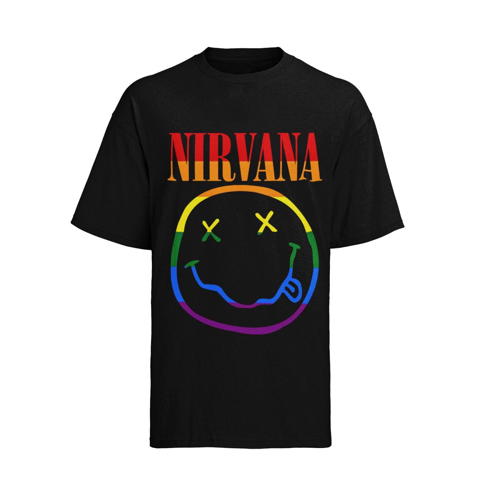 Женская футболка оверсайз с радужными цветами Nirvana, смайликом LGPT и изображением Курта Кобейна с концерта. M
