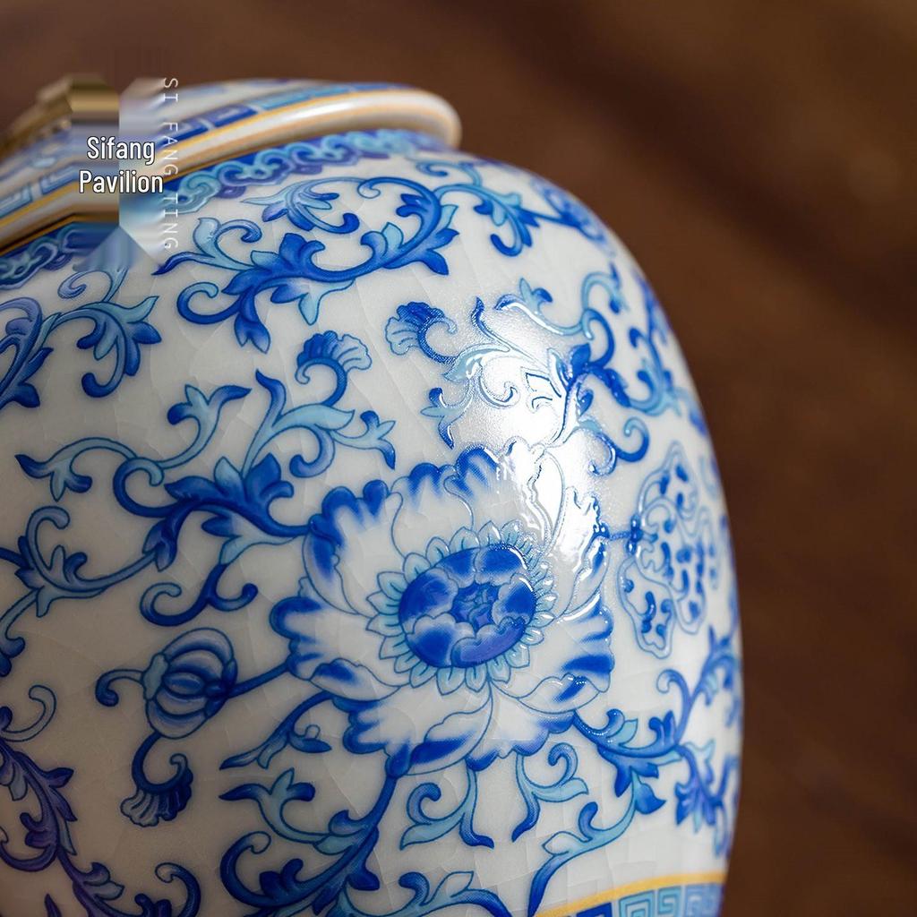 Ru Ware Blue & White Ceramic Tea Caddy: Moisture-Proof Chinese Style Sealed Storage for High-Grade Green, White, and Pu'er Tea.