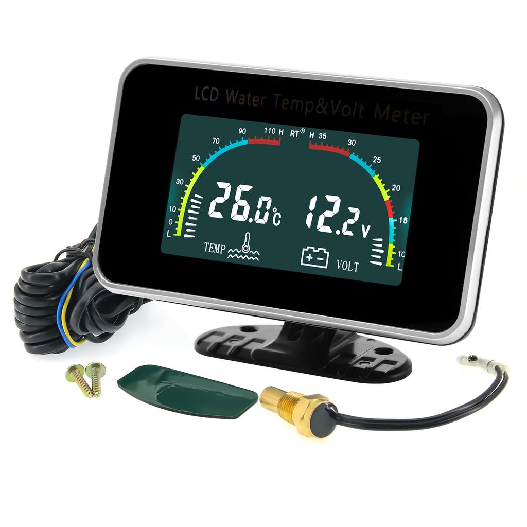 ZMFJH Universal Auto Car Dual Gauge 2 IN 1 LCD Gauge with Sensor Water Temperature+Voltmeter Water Temp Joint Sensor 26-40MM