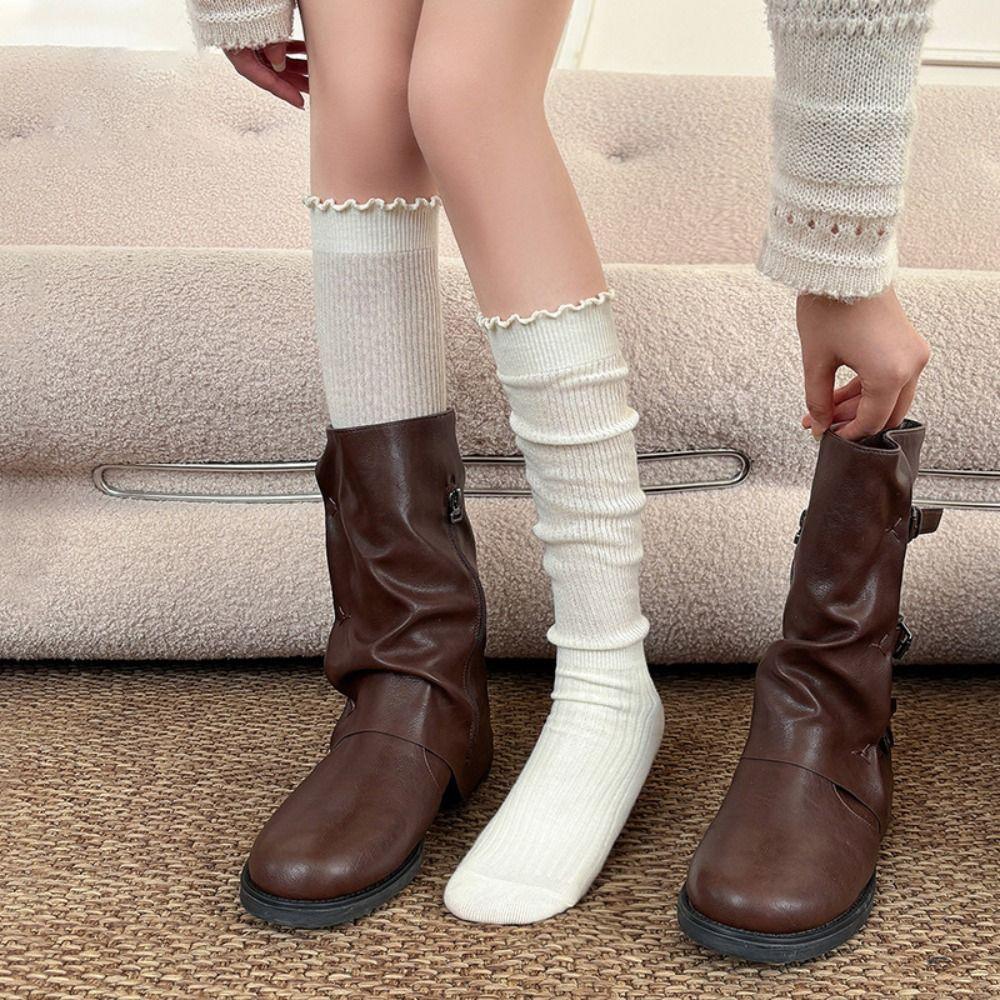 1Pair Ruffled Edge Long Tight Socks Solid Color Foot Warmers New Boot Socks Girl