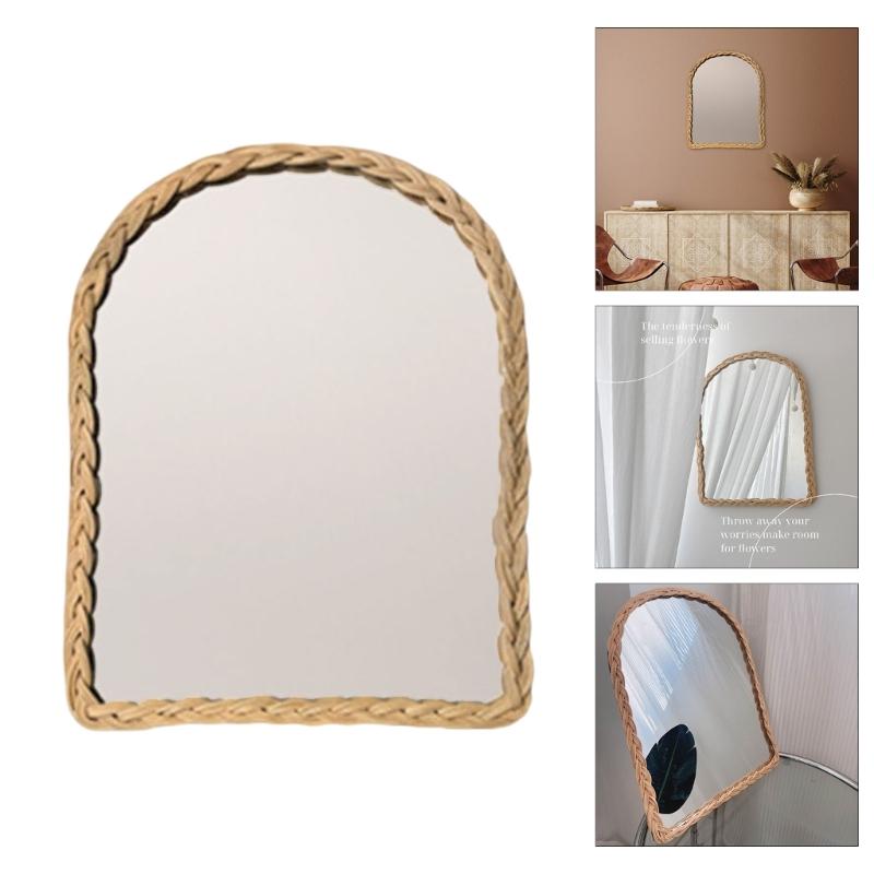 Rattan Wall Mirror with Wooden Framed Farmhouses Arched Wood Mirror for Modern Decorative Bathroom Living Room Entryway