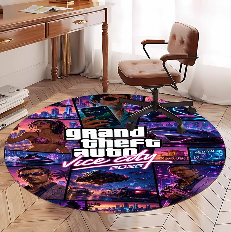 Grand Theft Auto VI Pattern Round Rug, Indoor/Outdoor Mat, for Picnic, Gameroom, Bedroom, Office, Living Room, Home Decor Carpet, Birthday Gift