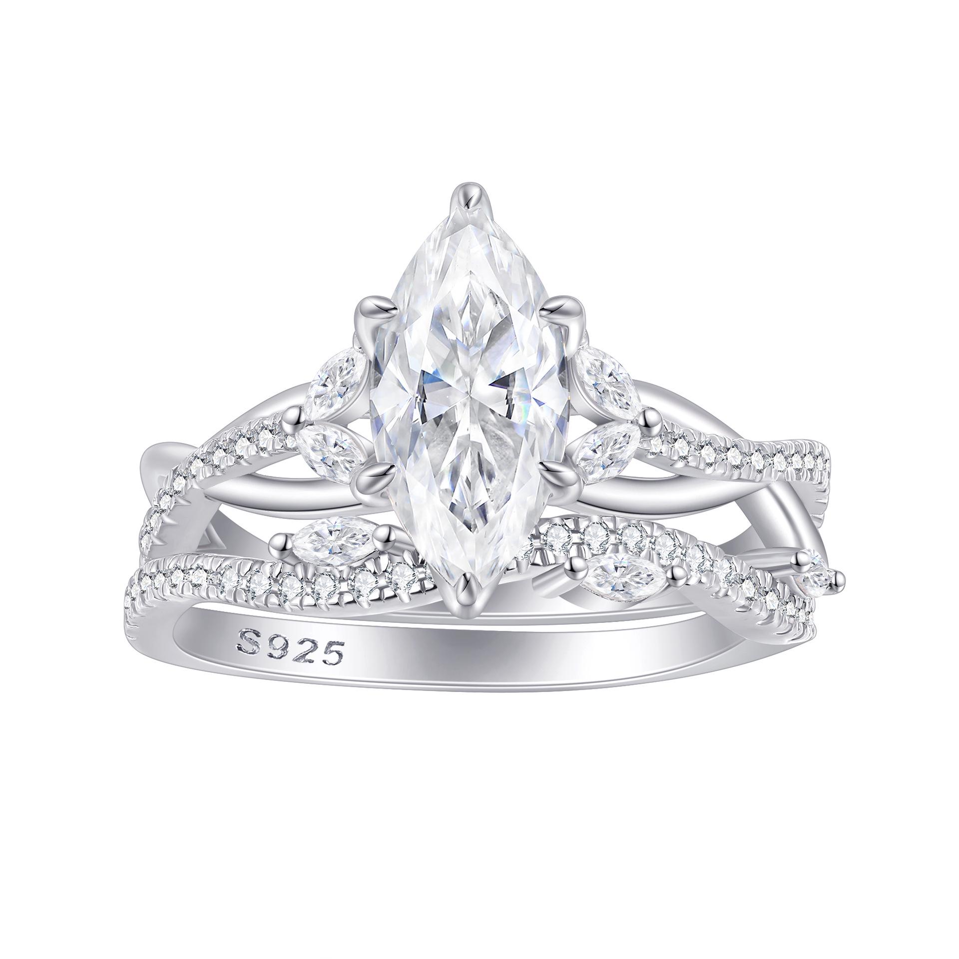 

Elegant Stackable 925 Sterling Silver Ring Set with 2ct Marquise Zirconia - Light Luxury Design US 10 платиновый