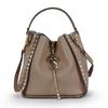 Women's Retro Rivet Cowhide Bucket Bag with Leopard Head Design