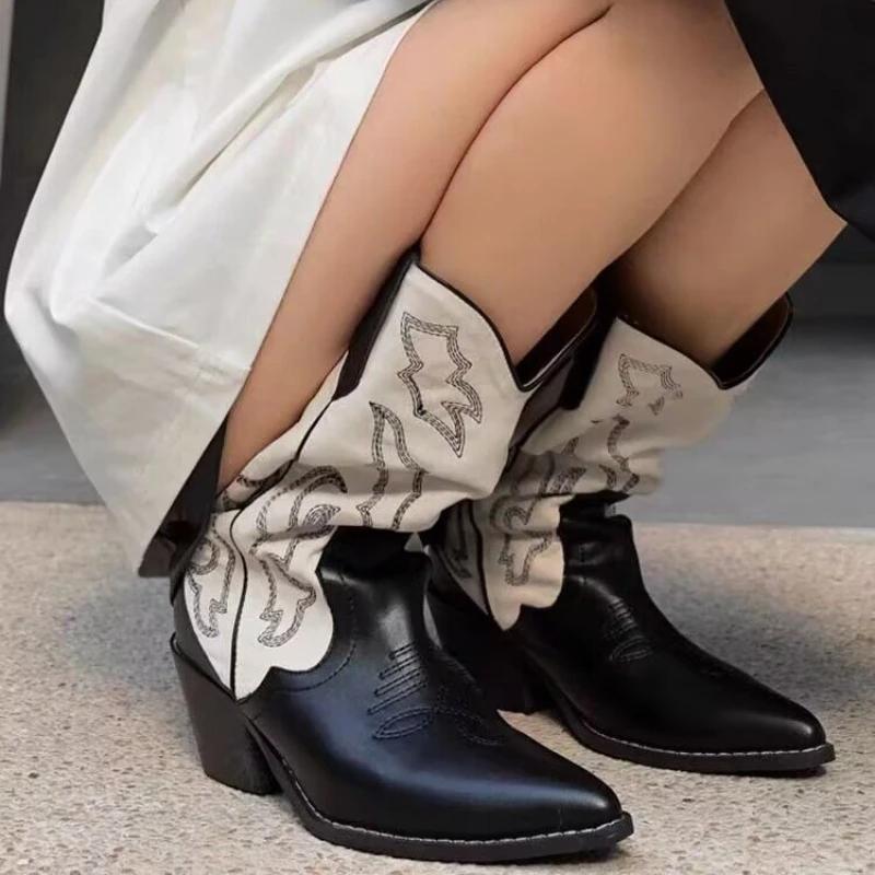 Fashion Retro Pointed Toe Women's Boots Block Heel 2025 Summer New Embroidered Mid-leg Boots