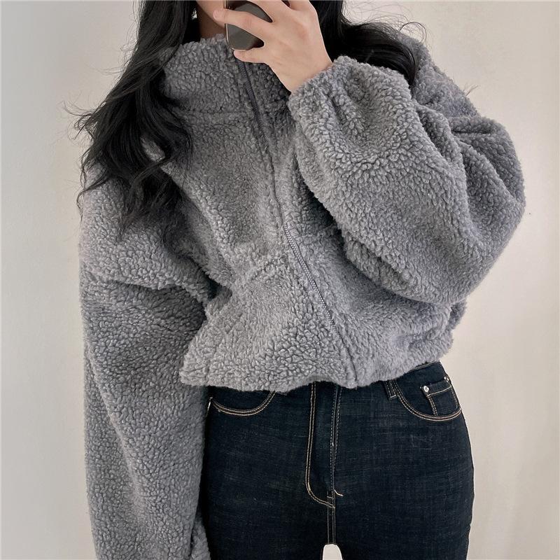 Zipper Faux Lamb Fleece Cardigan Stand Collar Short Jacket Loose Long Sleeve Women Autumn Winter Warm Coat Ropa Mujer