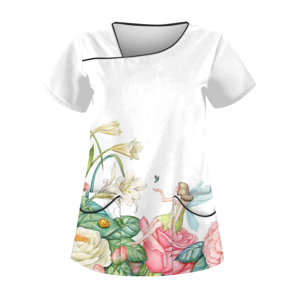 Women's Casual Printed Short Sleeve Workwear With Double Pocket Top