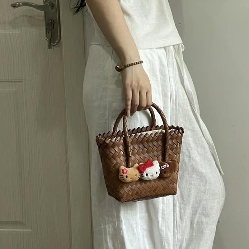 Cute Sanrio Hello Kitty Rattan Bag Large Capacity Kt Cat Portable Storage Bag Casual Bag Holiday Style Woven Handbag Girly Gifts