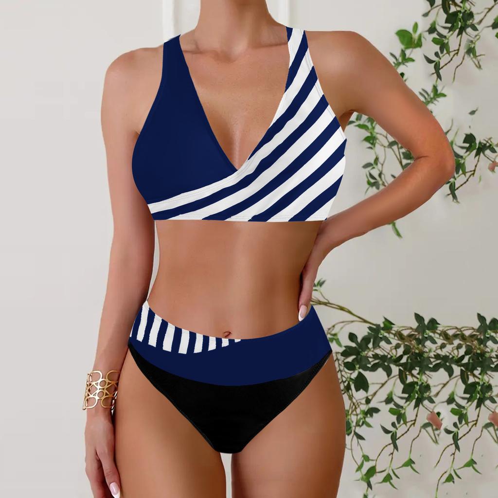 Women's Halter Half Edge Stripe Print Bikini Tankini Swimsuit