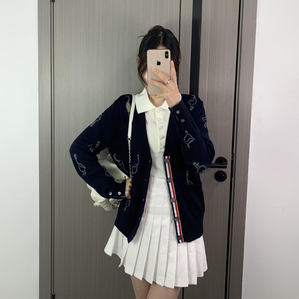 TB Cardigan New Women's High-end Versatile Striped Goose Embroidered Long-sleeved Knitted V-neck Cardigan Jacket