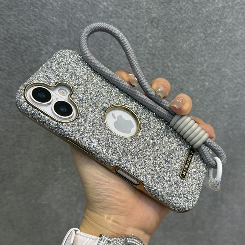 Luxury Glitter Diamond Rhinestone Case For iPhone 12 13 14 15 16 Pro Max Plus Bling Sparkling Shockproof Wrist Strap Cord Cover