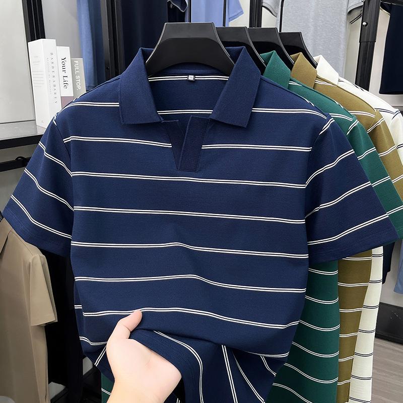 2026 Seagull Collar Striped Polo Shirt for Men - Short Sleeve Summer Lapel Tee for Dad
