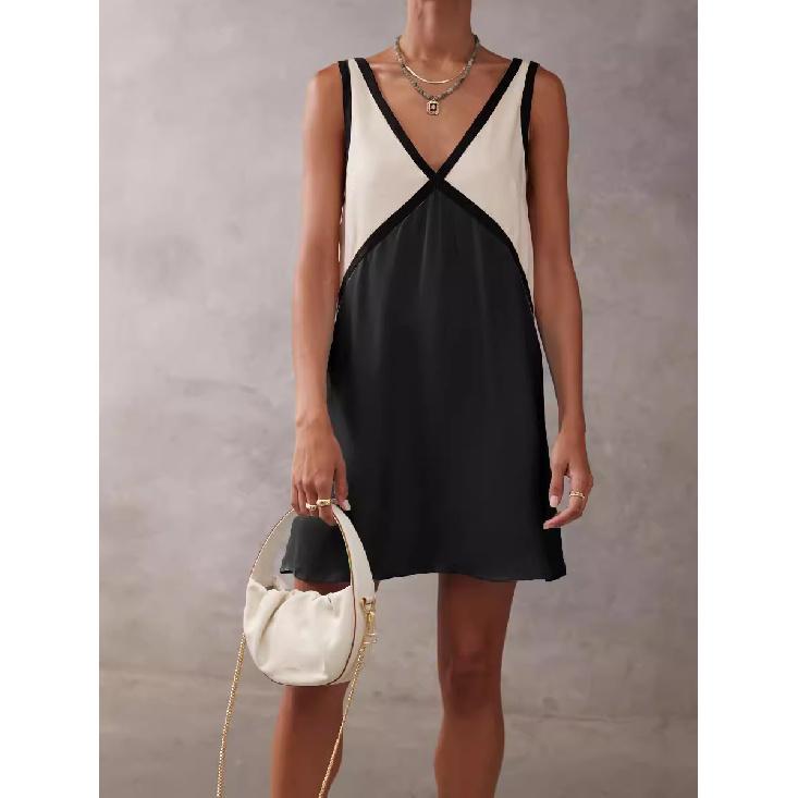 2026 New Women s Summer V-neck Color-Block Loose Sleeveless Tank Top Mini Dress S
