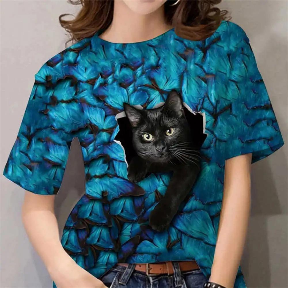 Funny Cat Graphic T Shirt Women Cartoon Animals 3D Printed T-Shirts Summer Oversized Short Sleeve O-Neck Tees Streetwear Tops