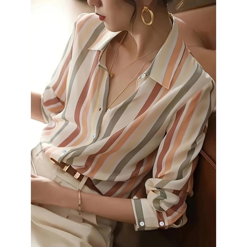 Women's Fashion Casual Spring Fall Stripe Print Long Sleeve POLO Neck Blouses & Shirts