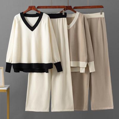 Women's European-American V-Neck Sweater & Wide-Leg Pants Two-Piece Suit for Autumn/Winter 2025.