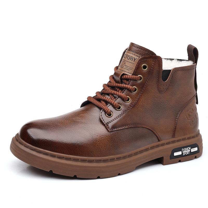 2025 Winter Genuine Leather Shoes Mens Snow Boots Warm Plush Flat Brand Male Ankle Boots Black Brown Non-slip