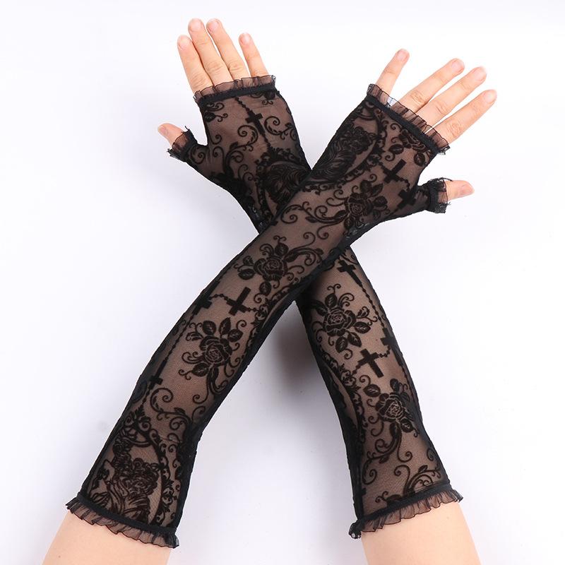 

Женские летние солнцезащитные модные принтованные тонкие кружевные прозрачные длинные перчатки без пальцев рукава эластичные сетчатые лолита панк косплей One Size