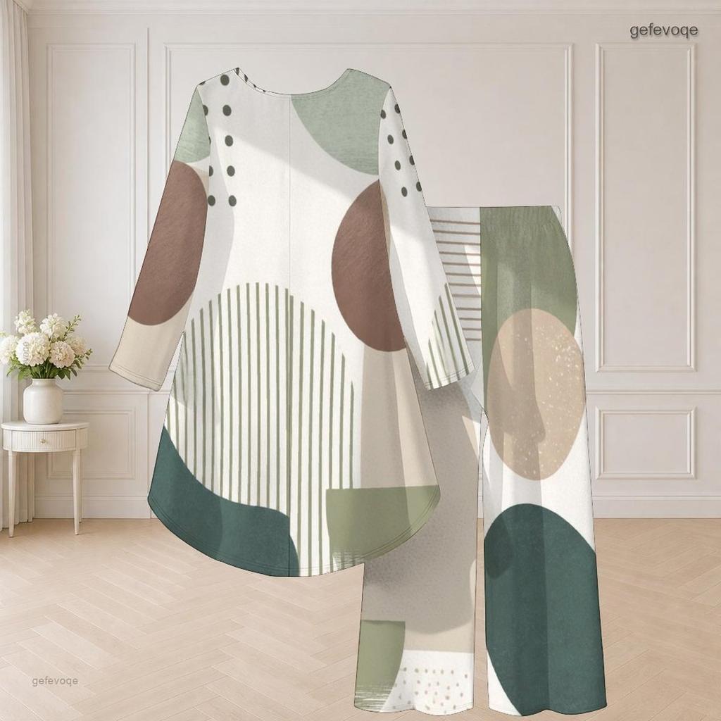 Women Plus Size Round Neck Long Sleeve Printed High Low Top Wide Leg Pants Two Piece Set