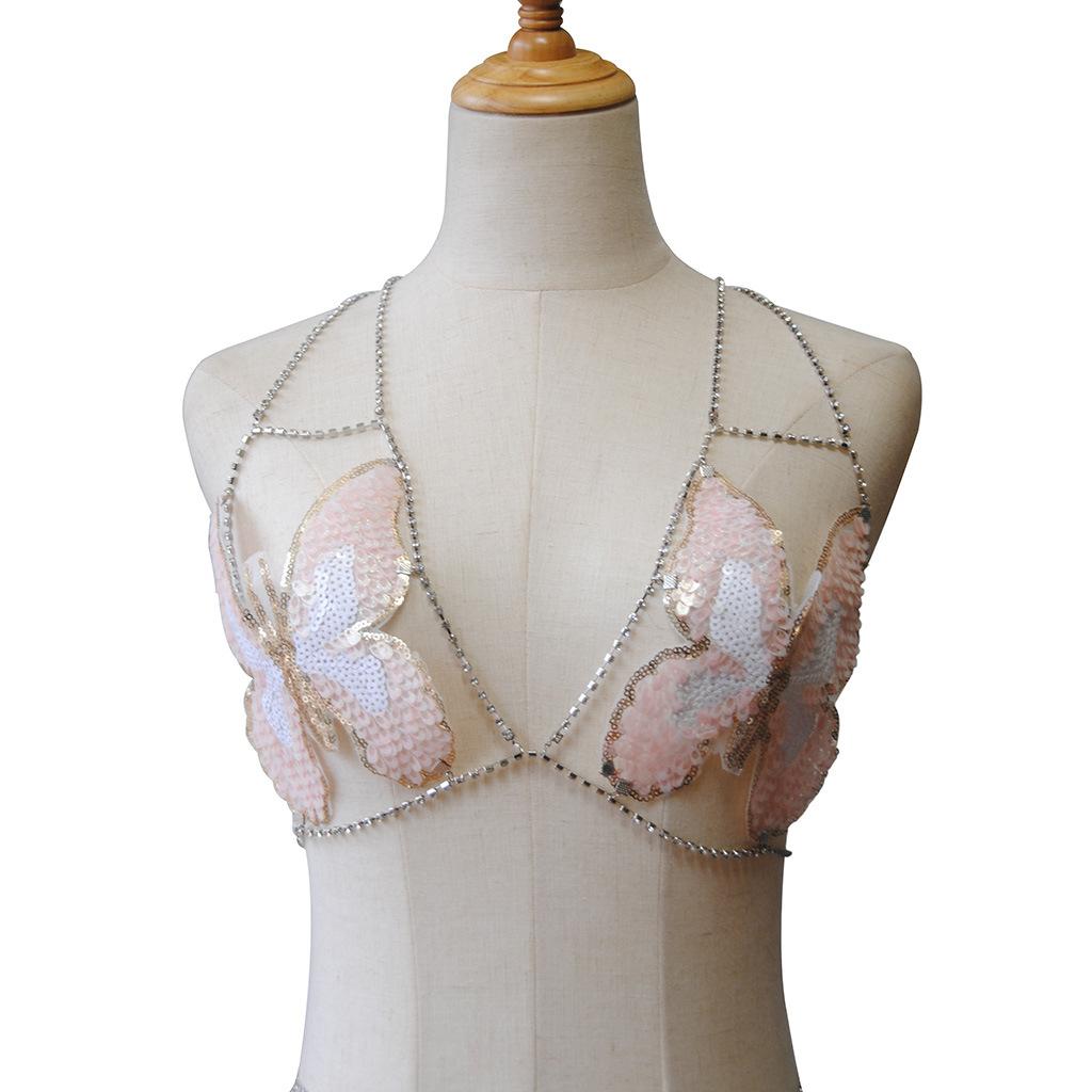 2025 Sequined Butterfly Shaped Rhinestone Bra Waist Chain Handmade Lingerie Body Chain Jewelry Intimates Accessories Sequined Butterfly Rhinestone Bra Waist белого золота