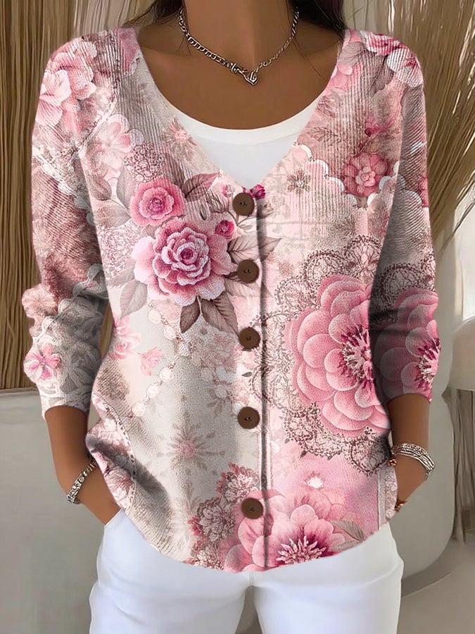 V-Neck 5-Button Printed Cardigan Sweater