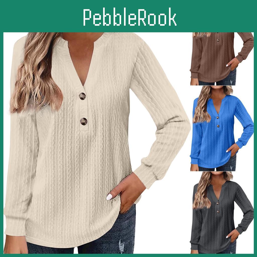 Long Sleeve Womens Solid Fashion Colour Vneck Button Tshirt Printed Casual Top