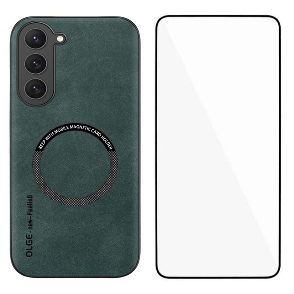 

Серия WANLONFENG YBP Для Samsung Galaxy S23 Магнитный чехол с пленкой из закаленного стекла PU+TPU Чехол для телефона Большой вырез Green