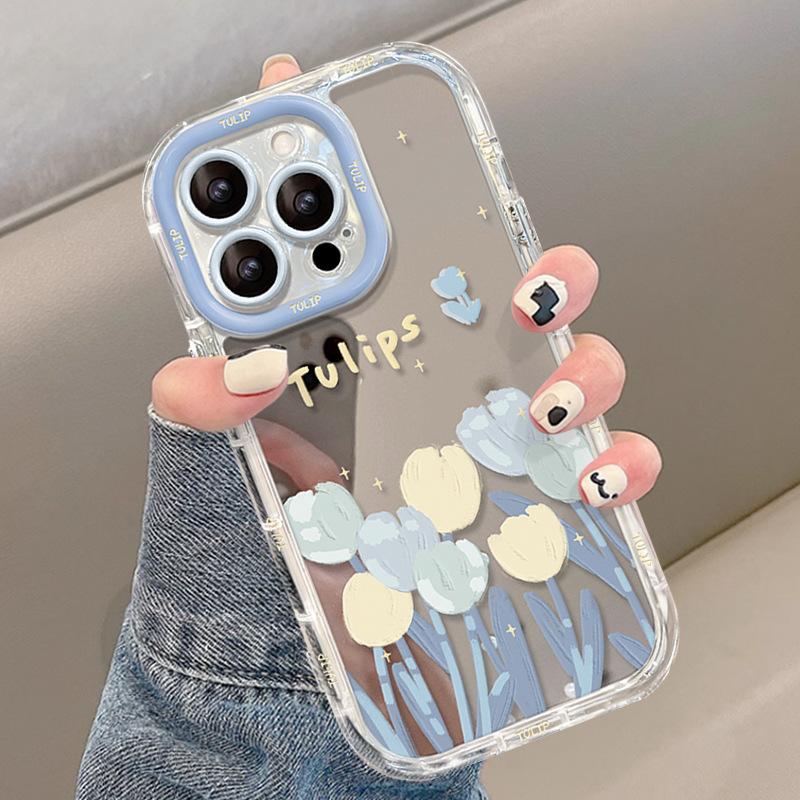 Applicable To Apple 15pm Mobile Phone Case Iphone14 Oil Painting Blue Tulip 13 Transparent Anti-fall Xs Mirror Full Package